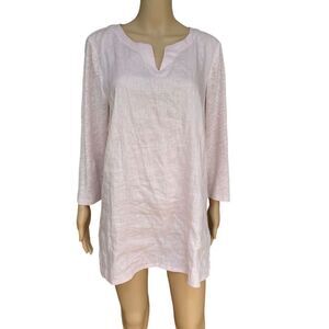 J. Jill Love Linen Tunic Blouse Sz L 100% Linen Pink Split Neck 3/4 Sleeve